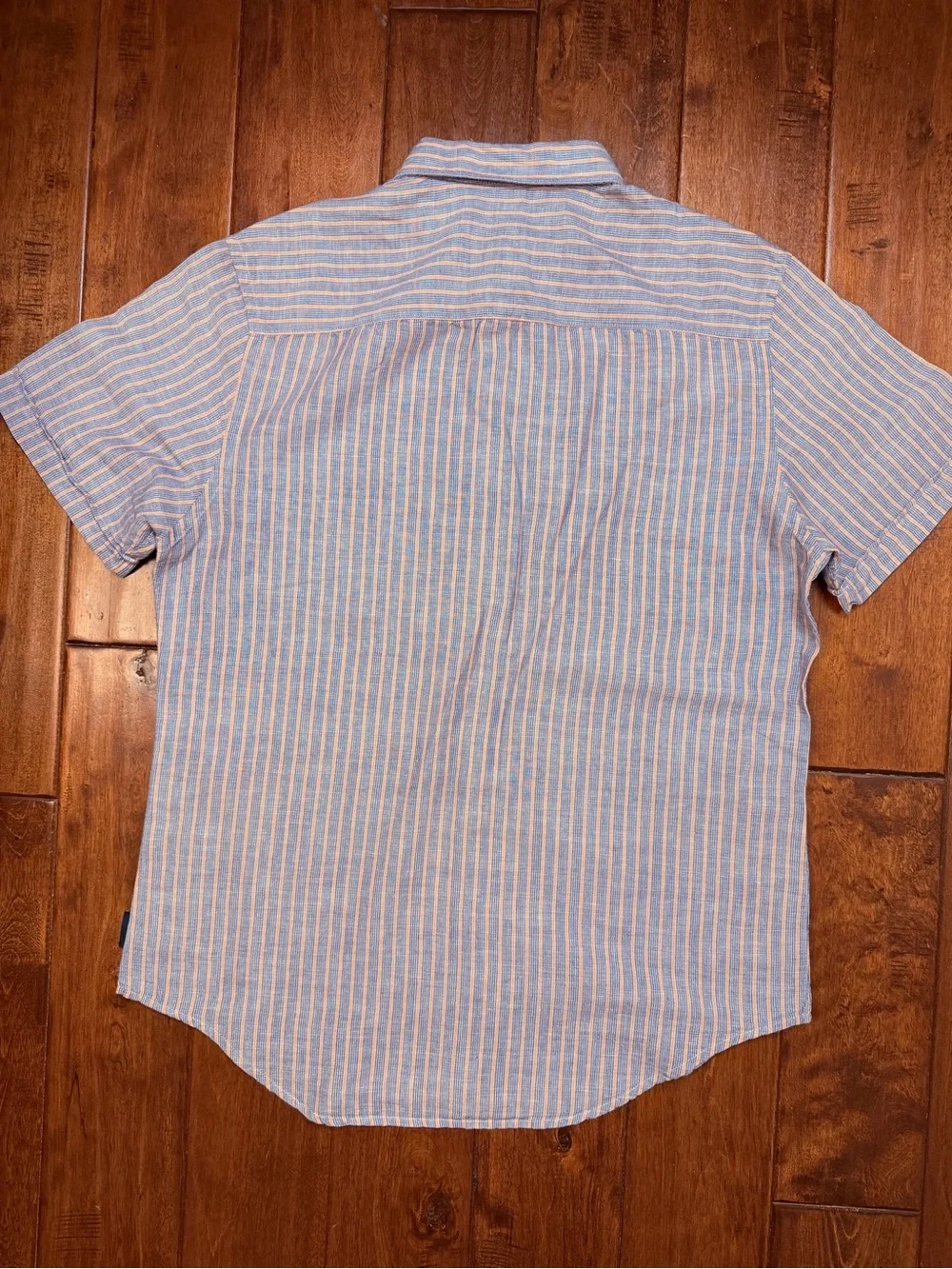 Perry Ellis Blue and Pink Striped Short-Sleeve Button-Down Shirt